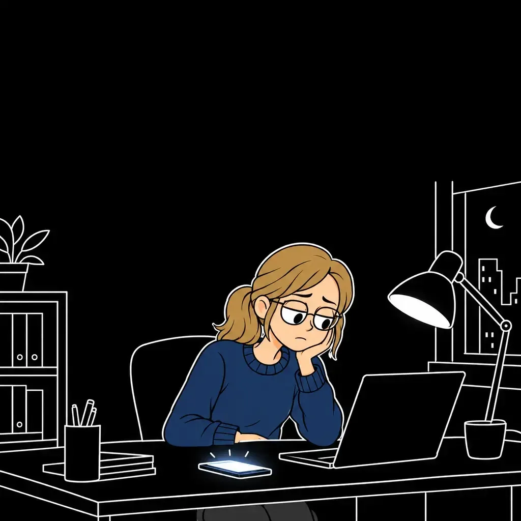 Spätabends im Büro. Frau Lehner sitzt allein am Schreibtisch, ihr Handy leuchtet auf.