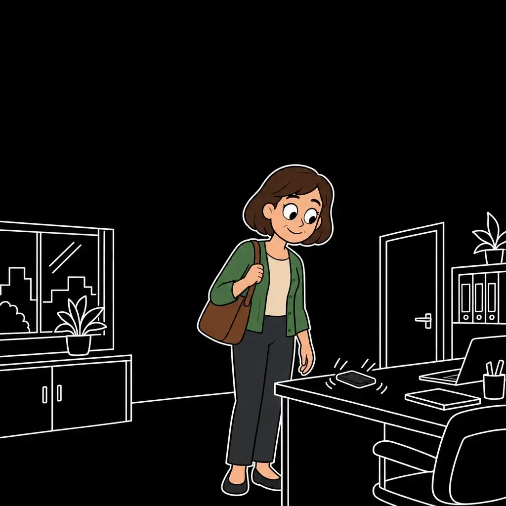 Freitag kurz vor Feierabend. Frau Berger steht mit Handtasche am Schreibtisch, ihr Handy klingelt.