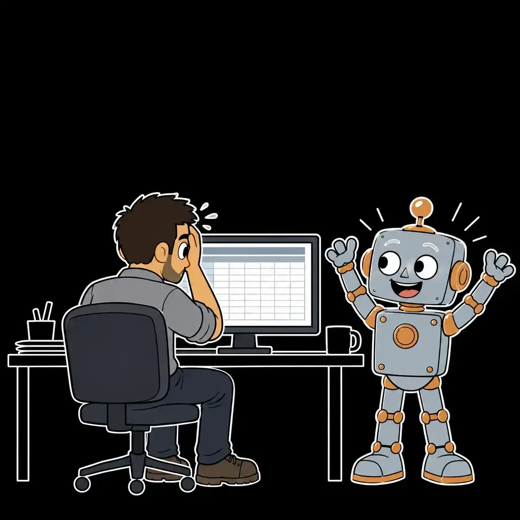 Herr Yilmaz sitzt überfordert vor einer riesigen Tabelle. Der Roboter steht begeistert neben dem Monitor.