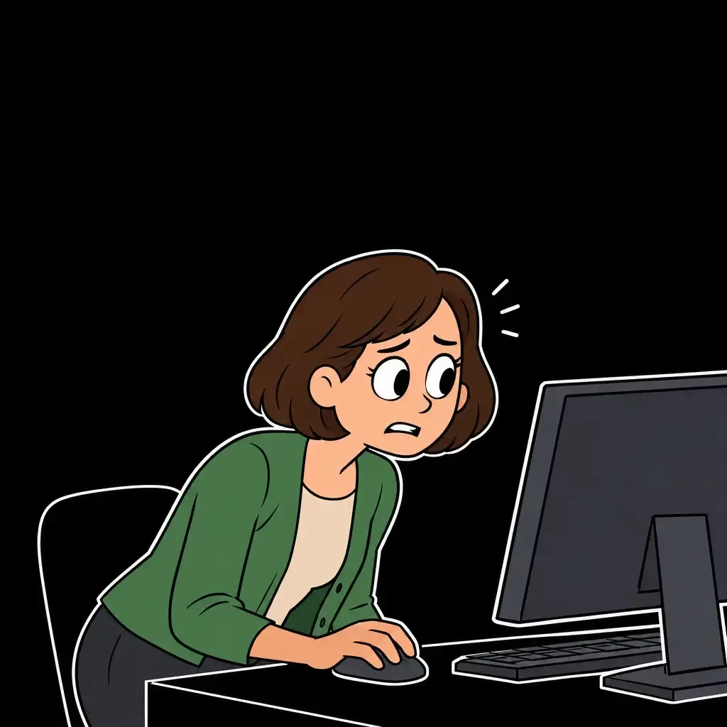 Frau Berger beugt sich besorgt zum Monitor vor, die Hand an der Maus.