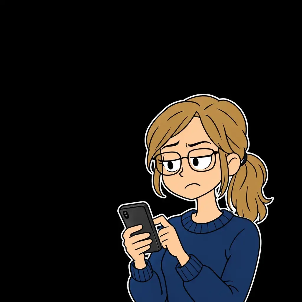 Frau Lehner hält genervt das Handy, der Daumen schwebt über dem Bildschirm.