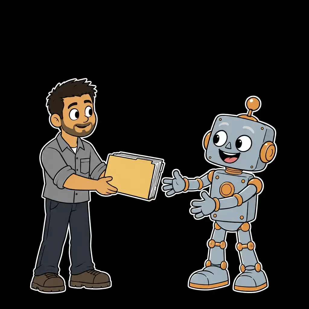 Herr Yilmaz reicht dem Roboter einen dicken Ordner. Der Roboter breitet strahlend die Arme aus.