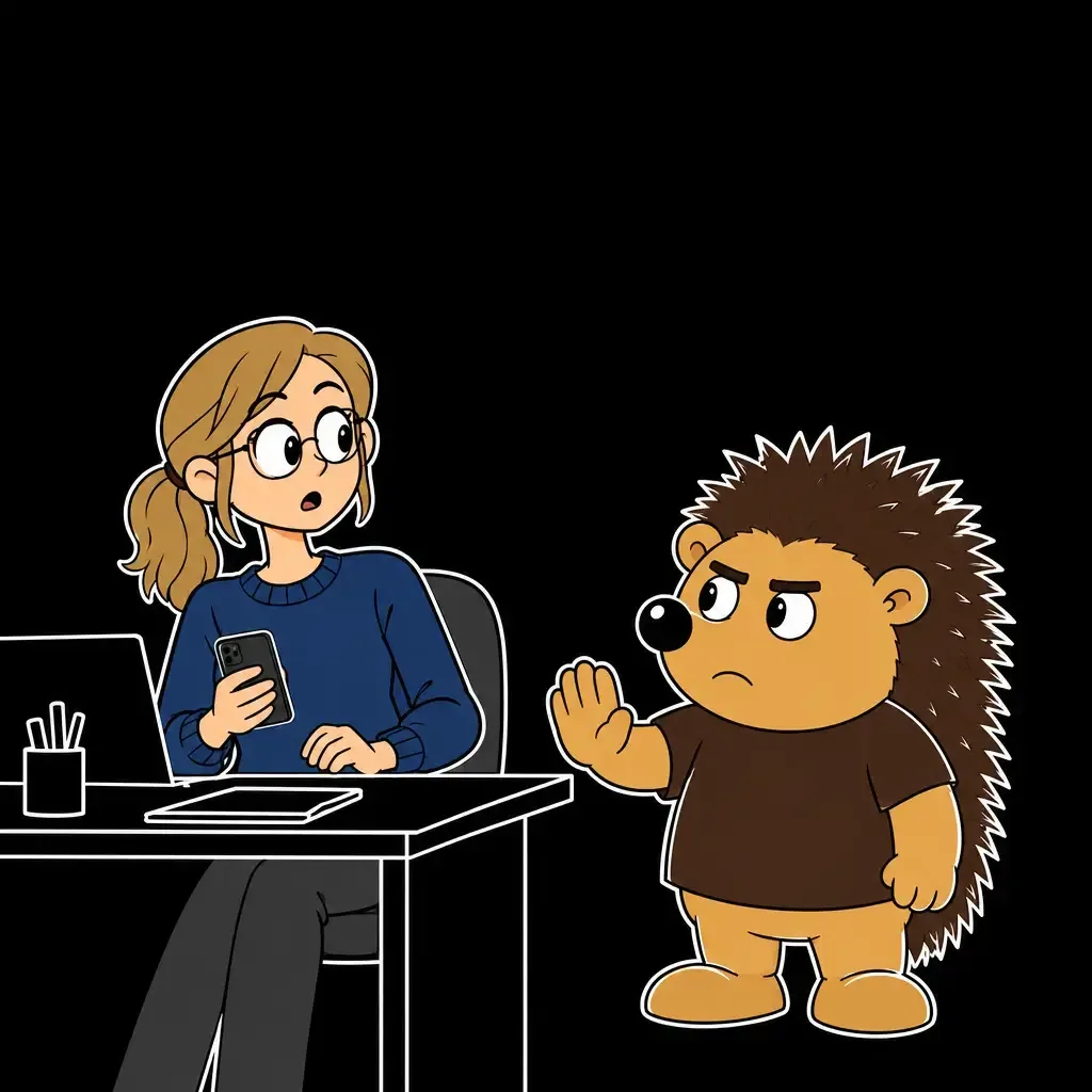 Der Nighthog ist an ihren Schreibtisch getreten und hebt die Hand. Frau Lehner schaut überrascht zu ihm hoch.