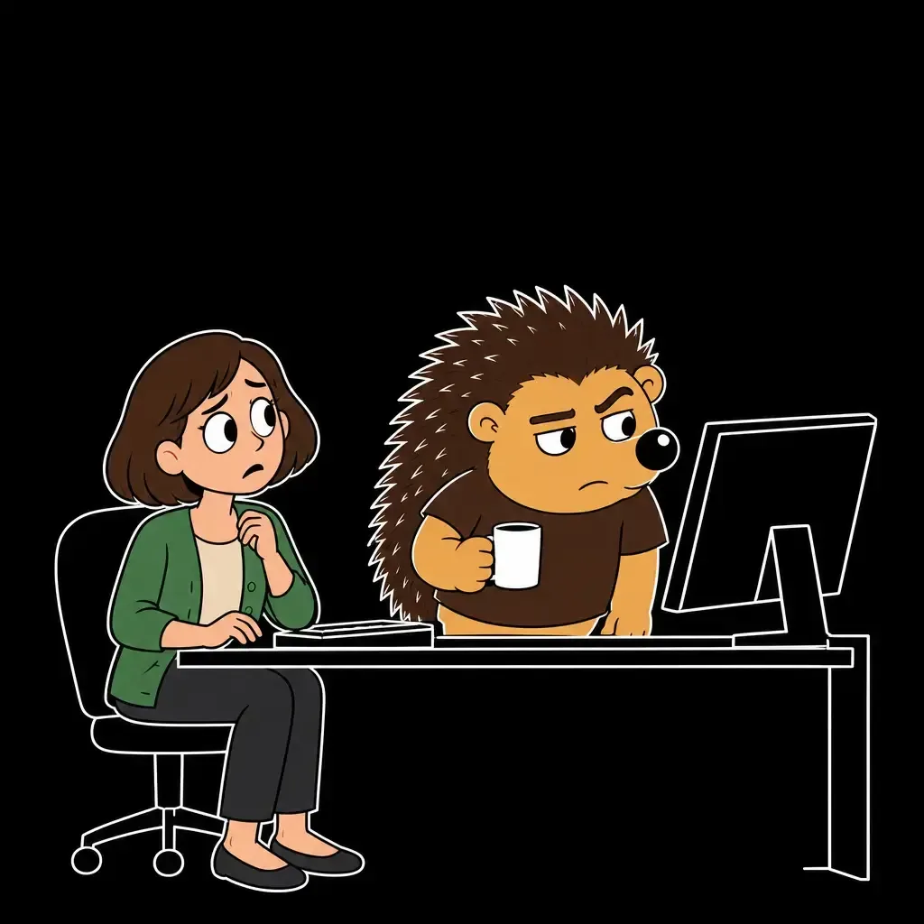Der Nighthog ist am Schreibtisch stehen geblieben und schaut mit hochgezogener Braue auf den Monitor. Frau Berger blickt zu ihm hoch.