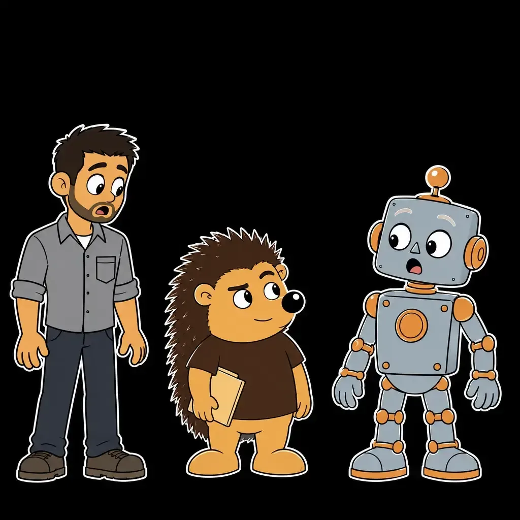 Der Nighthog ist dazwischengetreten und hält den Ordner mit einer Hand fest. Herr Yilmaz und der Roboter schauen ihn überrascht an.
