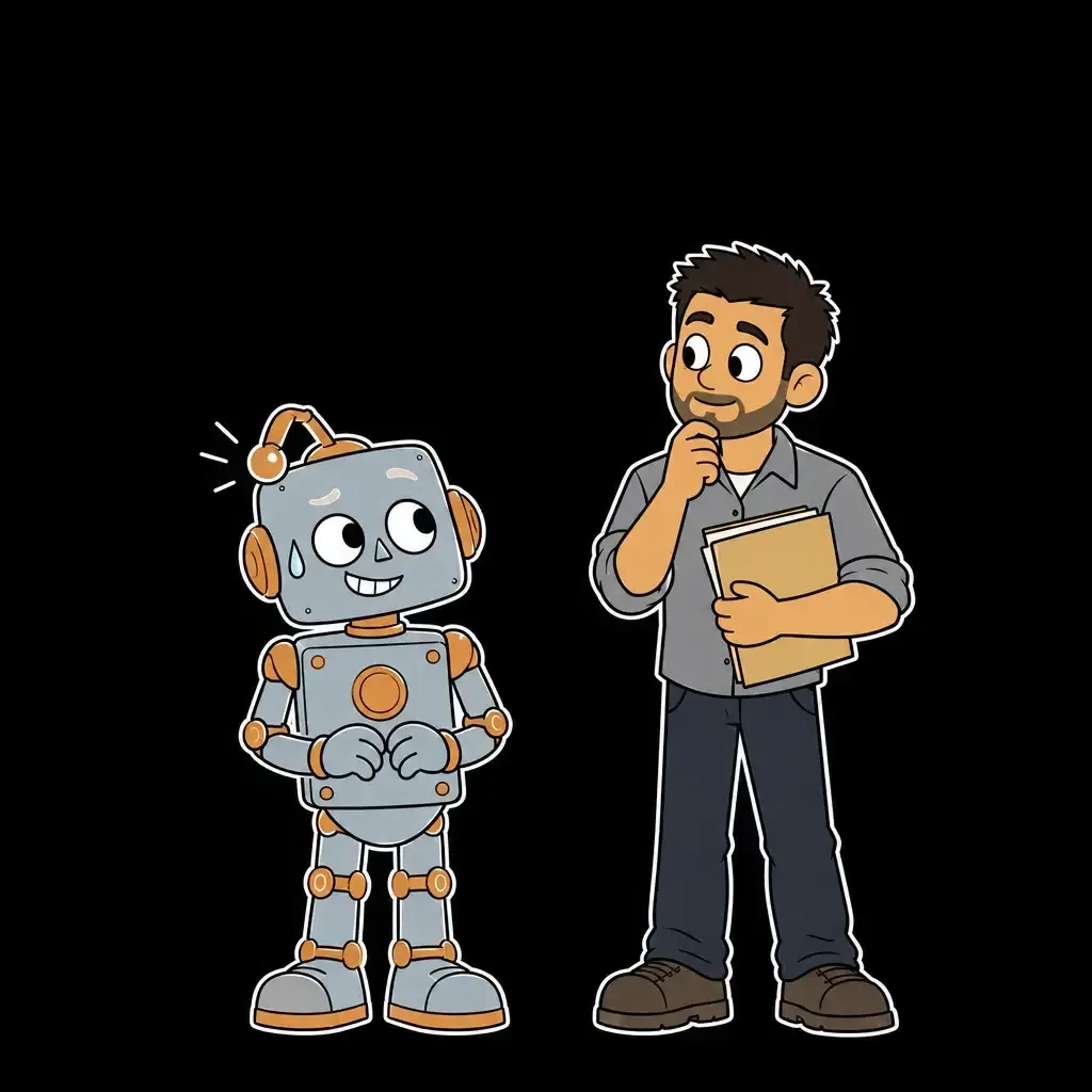 Der Roboter grinst verlegen mit Schweißtropfen und hängender Antenne. Herr Yilmaz überlegt und zieht den Ordner zurück.