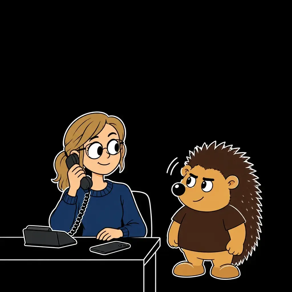 Frau Lehner telefoniert über das Tischtelefon, das Handy liegt umgedreht auf dem Tisch. Der Nighthog nickt.